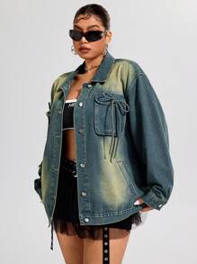 SHEIN ICON Plus Size Versleten Denim Jeansjack voor Dames
