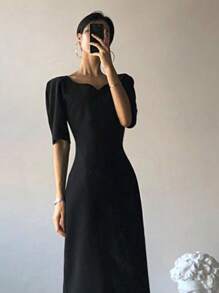 DAZY 女士纯色垂坠领收腰修身中长连衣裙，春夏优雅女装工作服，婚礼礼服 - 黑色 - 查看 7