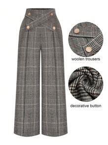 Celure Plus Size Women Elegant Commuting Wide Leg Pants, Thick Checked Tweed