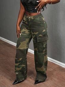 SHEIN Slayr Women's Cargo Pocket Casual Low Waist Camouflage Straight Leg Jeans