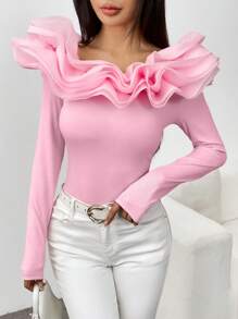 Chiquease Camiseta de moda de manga larga con hombros descubiertos de unicolor para mujer