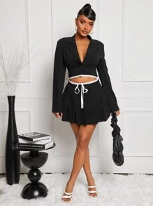 SHEIN SXY Women's Autumn Lapel Neck Long Sleeve Short Blazer And Mini Skirt Casual Set,Business Casual Woman,Business Casual