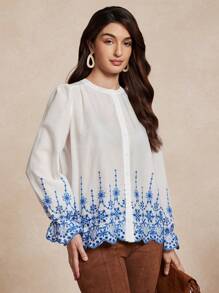 Chiquease 女士优雅花卉印花圆领泡泡袖长袖单排扣衬衫 - 藍白色 - 查看 5