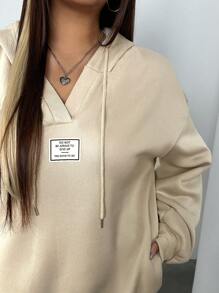 INAWLY 大尺碼女士字母拼接下垂肩束腰連帽衛衣