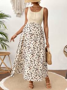 SHEIN Maternity Solid Color Splice Front Button Pocket Casual Dress - Apricot - View 3