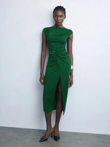 Maija Autumn/Winter New Elegant Burgundy Short Sleeve Midi Knit Waist Dress, Suitable For Holiday Parties And Urban Chic - Dark Green - View 9