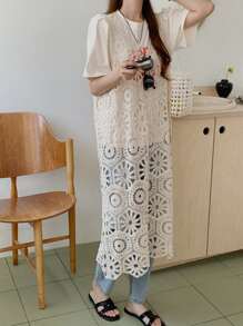 DAZY 女士蕾丝中长款背心式长款罩衫假日花朵夏季度假海滩 - 杏色 - 查看 6