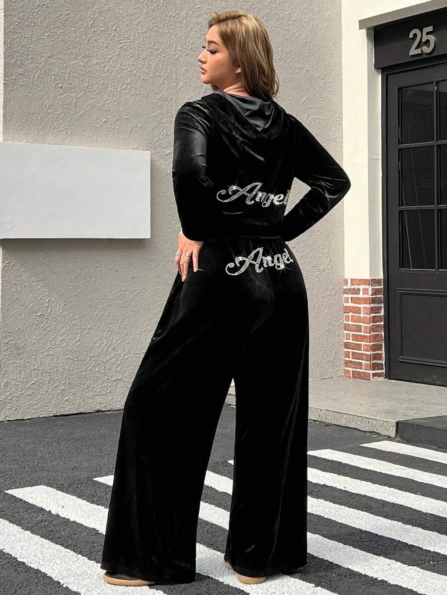 Muchica Plus Size Black Cardigan Hoodie + Pants Velvet Rhinestone 2 Pieces Set - Black - View 1