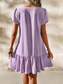 SHEIN Clasi Váy ngắn tay bèo nhún họa tiết hoa cổ chữ V màu tím thanh lịch dành cho nữ, mùa xuân/hè - Màu tím - Xem 3