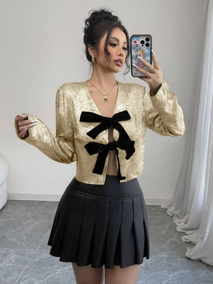 Elenzga Women's Contrast Color Bowknot Blouse - Gold - View 1