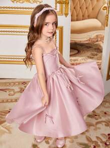 SHEIN Young Girl Woven Solid Color Bowknot Strap Dress, Formal Clothing