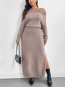 SHEIN Privé 大码优雅简约露肩收腰修身弹力开衩毛衣连衣裙，适合工作、春/秋/冬 - 咖啡棕 - 查看 3