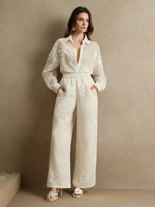 Anewsta 2-teiliges Damen Set: Jacquard Pailletten bestickte Bluse + Hose mit Gummibund, elegante Frühlings-Outfits für Frauen