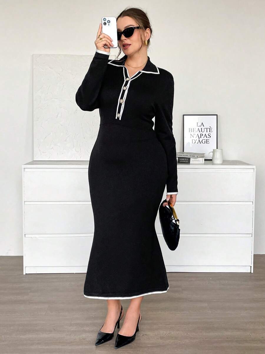 SHEIN Essnce Plus-Size Women's Fishtail Dress, Black Wool Dress, Women's Dress, Elegant Women's Dress,New Years Dress Women New Years Dress,Black Fall/Winter - Black - View 1