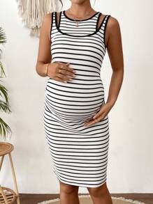 SHEIN Maternity Casual Nursing Round Neck Striped Sleeveless Dress - Black and White - View 6