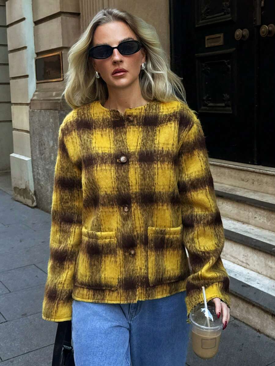 Forever 21 Áo khoác len kẻ caro hai túi thường ngày cho nữ, Thu/Đông - Nhiều màu - Xem 1
