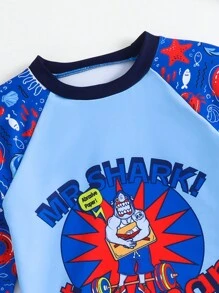 SHEIN Young Boy Ocean Creature Printed Long Sleeve Swim Trunks - Blue - View 4