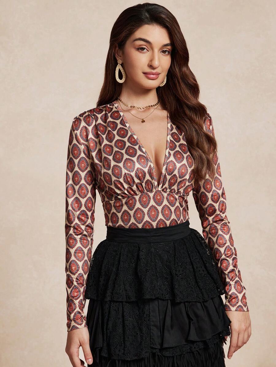 Chiquease Women Deep V-Neck Elegant Printed Blouse - Multicolor - View 1