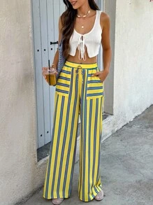 Women's Fashion Vacation Style Front Tie Pocket Striped Casual Loose Pants - 彩色 - 查看 6