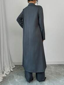 Elenzga Elegant Linen Feel Deep Gray Long Cardigan, V-Neck Vest And Pants 3-Piece Set, Commuter Wear Fall Cloth For Women