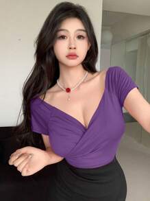 DAZY Versatile Simple Solid Color Wrap Short Sleeve T-Shirt, Casual - Purple - View 4