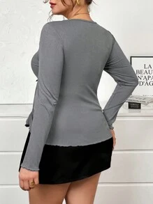 SHEIN Essnce 大码女式长袖T恤，蝴蝶结上衣，春季女装外出上衣，春装，女士节日情人节女士春季 - 深灰色 - 查看 2