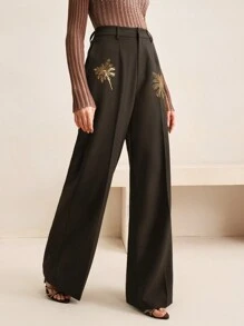 Anewsta Straight Leg Gold Palm Tree Beaded High Waisted Suit Pants, New Year's Women - Coffee Brown - View 4