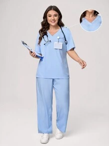 TaskEZ Plus Size Women Solid Color Loose Short Sleeve Blouse With Pocket And High Waist Straight Leg Pants Scrub Uniform Set - Baby Blue - View 1