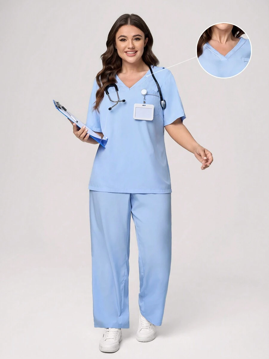 TaskEZ Plus Size Women Solid Color Loose Short Sleeve Blouse With Pocket And High Waist Straight Leg Pants Scrub Uniform Set - Baby Blue - View 1