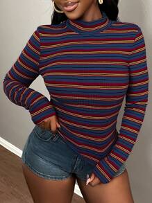 Slaydiva Women's Casual Ribbed Navy And  Turtleneck Long Sleeve Ribbed Bodycon Top - Multicolor - View 5