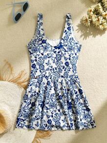 Swim Lushoire Set de 2 trajes de baño de una pieza casuales con estampado floral para mujer, estilo de traje de baño de verano