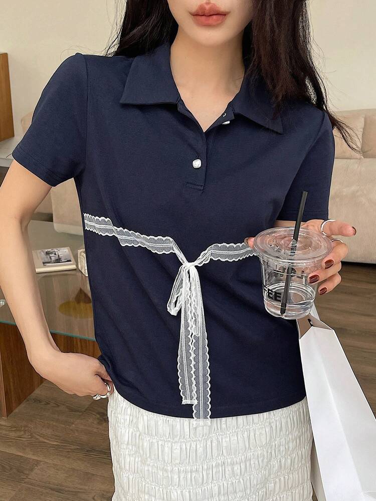 Women's Casual Lace Bow Short Sleeve T-Shirt