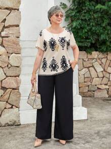 EMERY ROSE Plus Size Casual Vintage Print Batwing Top And Pants 2 Pieces Set - Black and White - View 5