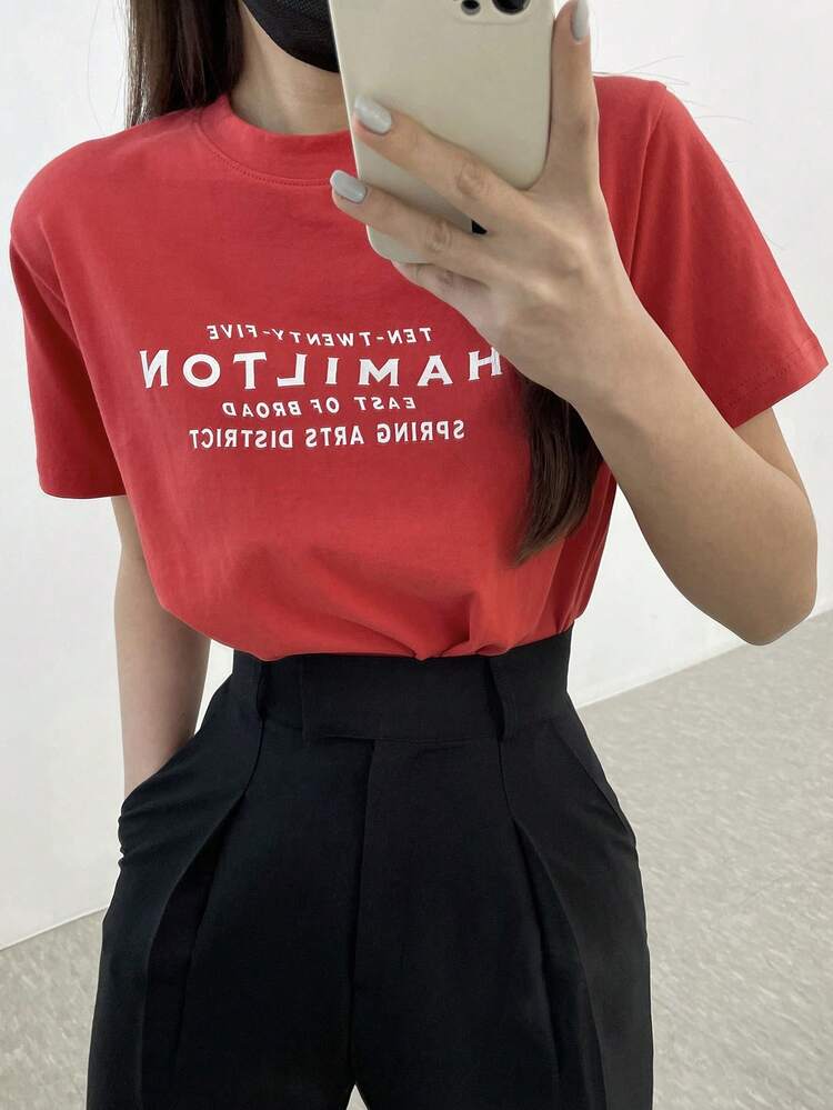 Women's Letter Print Round Neck Short Sleeve Basic T-Shirt, Spring/Summer,Graphic Tees