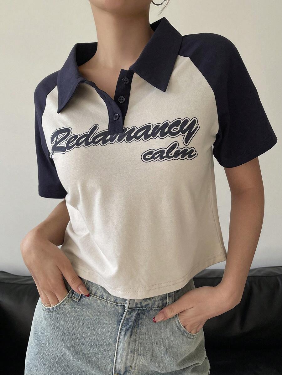 DAZY Loose Colorblock Patchwork Letter Print Graphic Street Style Women T-Shirt Summer,Crop Tops Women - Brown - View 1