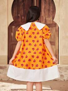SHEIN Tween Girls Loose Casual Colorblock Collared Pearl Decor Puff Sleeve Dress