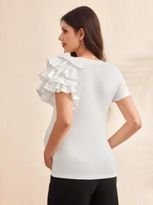 SHEIN 孕妇优雅纯色荷叶边装饰修身 T 恤 - 白色 - 查看 2