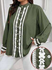 SHEIN LUNE Plus Size Contrast Color Trim Collar & Cuff Casual Office Shirt With Long Sleeves - Army Green - View 6