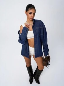 SHEIN ICON Chaqueta vaquera de mujer de ajuste holgado, estilo de un solo pecho y hombros caídos, para el otoño