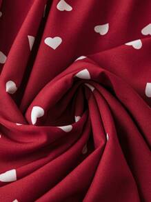 SHEIN LUNE Exquisite & Elegant  Plus Size Boho Heart Print V Neck Shirred Cinched Waist Heart Valentine's Love Dress, For Summer - Red - View 6