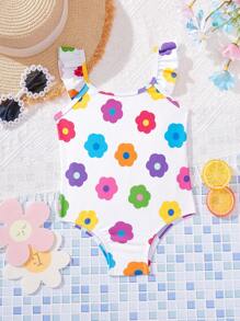 SHEIN Leap Crew Baby Girl Floral Print One-Piece Swimsuit, Casual Holiday Style - Multicolor - View 7