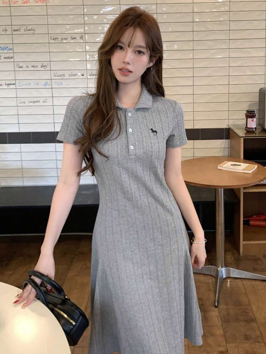 DAZY 全新夏季女童马刺绣长裙太阳裙，休闲女装 - 灰色 - 查看 1