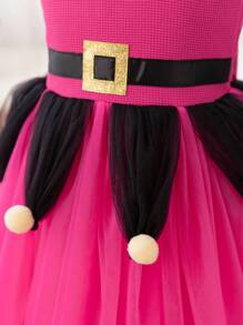 Young Girl Christmas Party Wear Spaghetti Strap Mesh Princess Ballet Dress, Green Or Red - Hot Pink - View 3