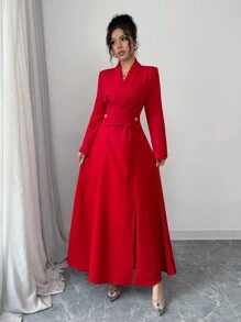 Elenzga Women's Elegant Red Crossover Buttoned Long Sleeve Dress - Red - View 1