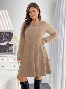 SHEIN Essnce Plus-Size Women's Dress, Long-Sleeved Dress, Black Dress,Black Dress Funeral Women Skirts,Thanksgiving Dress Winter Dress - Camel - View 6