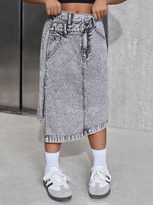 Tween Girls Fashion Stone Washed Denim Mini Skirt - Grey - View 6