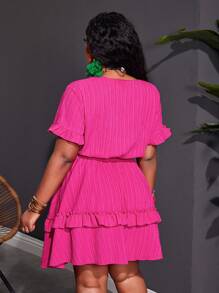 Slaydiva Vestido mini ajustado y sexy de color fucsia sólido con detalle de volantes, lazo en el pecho, bajo en línea A, tela de textura tejida, para uso casual, vacaciones, tallas grandes - Verano - Rosa Fucsia - Ver 3