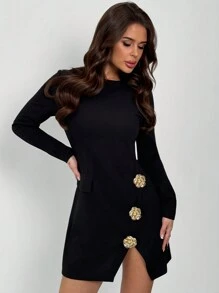 Firerie New Elegant Minimalist Commute Black Round Neck Cinched Waist Slit Metal Buckle Decor Long Sleeve Mini Dress, Valentine's Day Work Outfit,Summer Dresses For Women
Spring Clothes