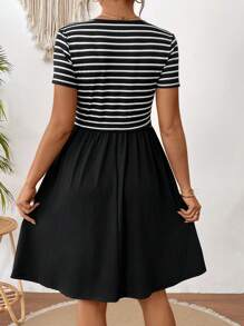 SHEIN Maternity Casual Striped Patchwork Nursing Dress - Black and White - View 2