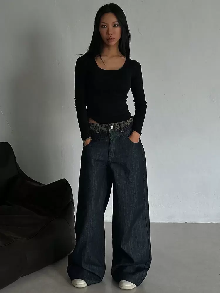 Women Leopard Print Patchwork Jeans, Casual & Fashionable For Daily Wear Y2k,Baggy Jeans